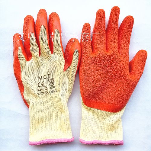 factory direct sales 21 pcs yarn yellow yarn orange latex dipping labor gloves rubber hanged wrinkle gloves