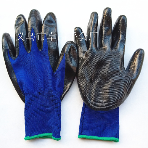 Labor Protection Gloves 13 Needle Nylon Ding Qing Gloves Blue yarn Black Dipped Rubber Hanged Gloves 