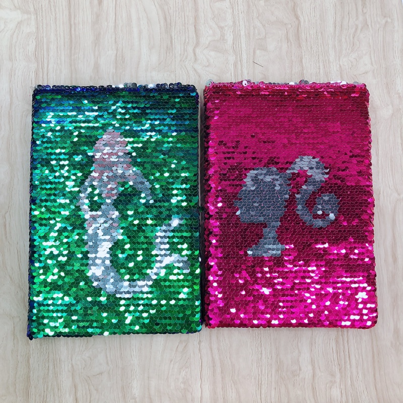 厂家批发定位绣亮片变色鱼鳞片本子美人鱼造型可翻转学生日记本_文燕