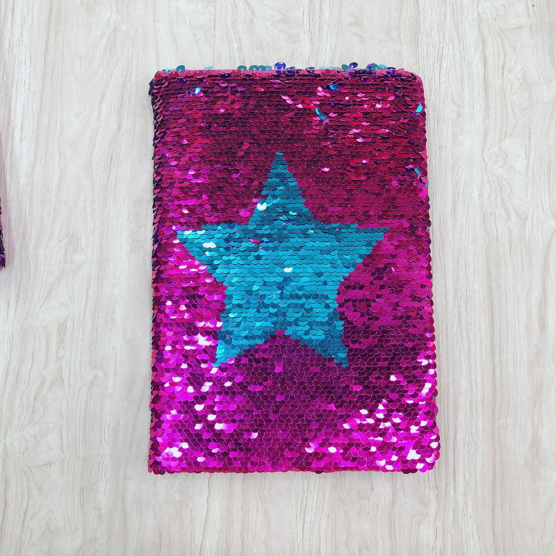 厂家批发定位绣变色鱼鳞片本子亮片造型可翻转趣味珠片学生日记本_文