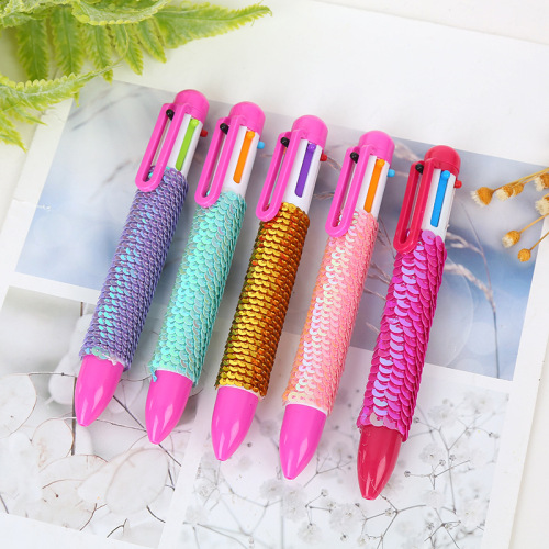 Creative Stationery Six-Color Ballpoint Pen Sequins Multi-Color Pen Multi-Function Press Student Color Oil Pen 6 Refills