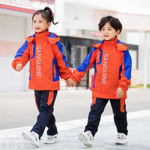 school uniform children‘s jacket new spring and autumn clothing primary and secondary school students color matching zipper hoodle autumn and winter trench coat two-piece set