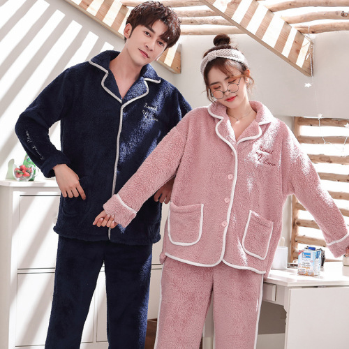 factory direct selling new couple flannel pajamas autumn warm cardigan plush men‘s and women‘s home wear wholesale