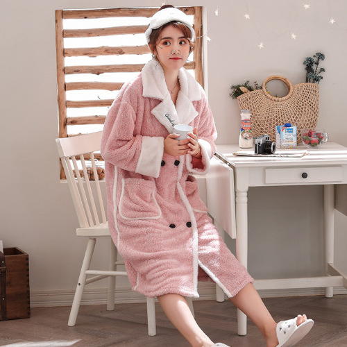 factory direct sales new women‘s flannel nightgown autumn and winter plush loose embroidered double breasted home wear wholesale