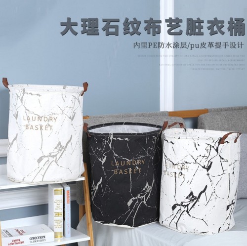 cotton and linen marbling dirty clothes bucket foldable waterproof dirty clothes basket round storage bucket cloth storage basket