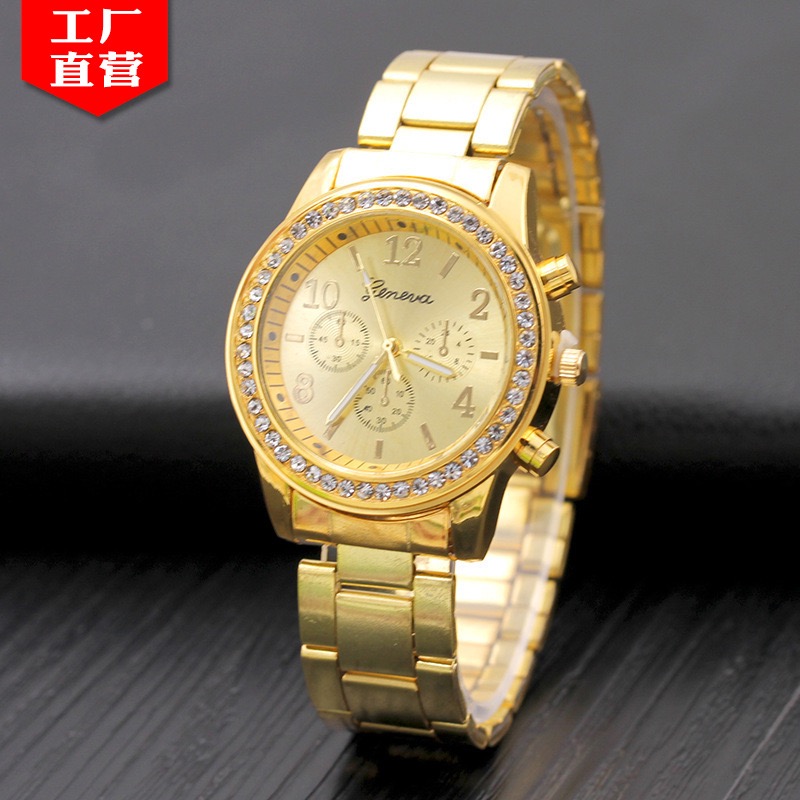 Hot style Geneva three-eye diamond alloy ladies watch fork ear steel band casual jewelry watch whole