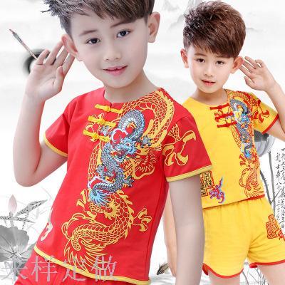Children‘s Martial Arts Performance Wear Boys Summer Pure Cotton Short Sleeve Short Pants Two-Piece Suit Chinese Style Printed Dragon