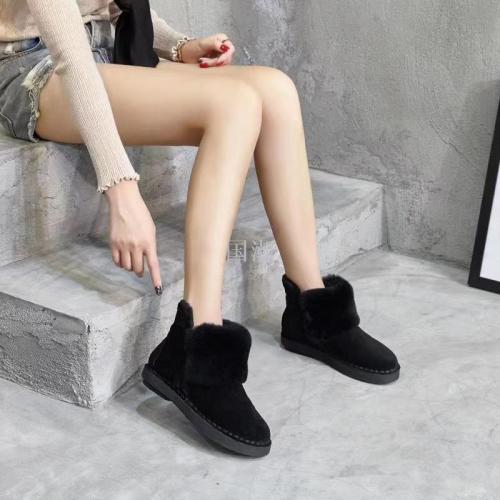 Snow Boots Women‘s Fur Integrated Flat Velvet Padded Short Boots Winter New Non-Slip Thick Bottom Warm Cotton Shoes 