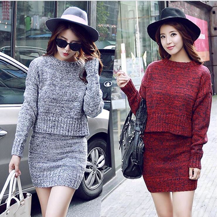 韩版秋冬新款时尚圆领长袖宽松修身套头针织毛衣套裙两件套套装