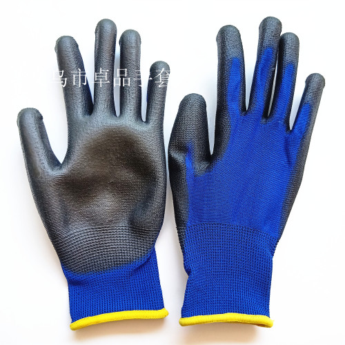 13-Pin Blue Nylon Dipped Black Pu Cut Resistant Gloves Construction and Repair Car Assembly Gloves