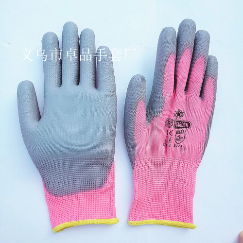 Factory Direct Sales 13-Pin Pink Nylon Yarn Gummed Gray Pu Anti-Static Non-Slip Labor Gloves