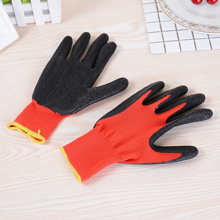 Manufacturer direct selling red yarn black glue wrinkle 13 needle labor protection gloves antiskid wearer-resistant yarn wrinkle resistant