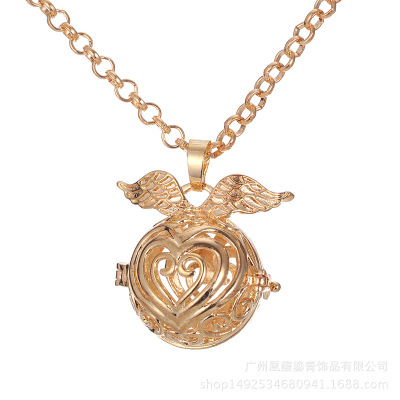 Pearl heart wing hollow magic box perfume phase box necklace pendant
