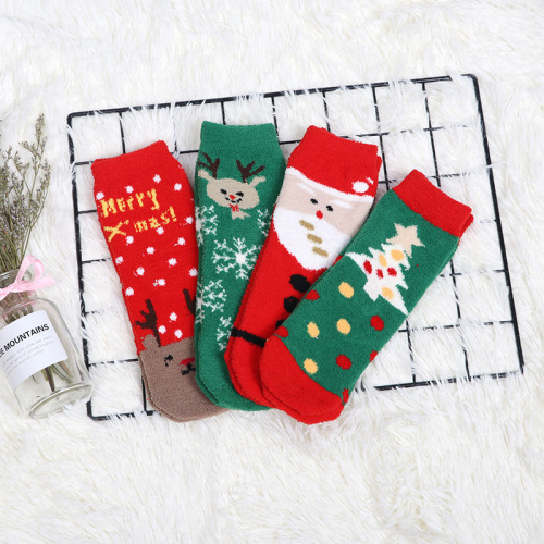 Winter New Warm Coral Fleece Holiday Christmas Women‘s Socks Thickened Interior Home Personalized Cartoon Elk Socks Fashion