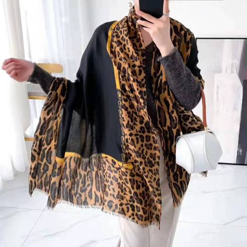 new leopard print splicing scarf silk scarf long warm scarf shawl dual-use fashion all-match trendy style