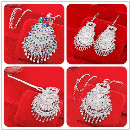 Factory Direct Sales Miao Silver Peacock Necklace Set Female Ethnic Cloisonne Peacock Silver Plated Necklace Earrings Wholesale