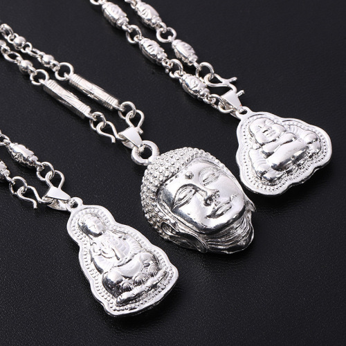 hot selling european and american retro personality simple fashion exaggerated religious silver plated maitreya buddha head pendant necklace men and women wholesale