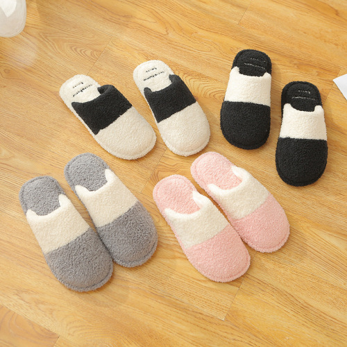 winter cotton slippers korean-style simple striped color matching plush indoor non-slip warm wear-resistant slippers for women home couple