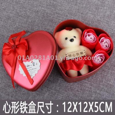 Heart box 3 imitation soap roses plus bear Christmas valentine's day wedding gifts factory wholesale foreign trade