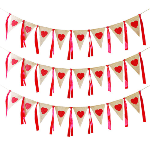 marriage engagement party decoration pull flower red ribbon white lace love pull flower linen triangle pull flag