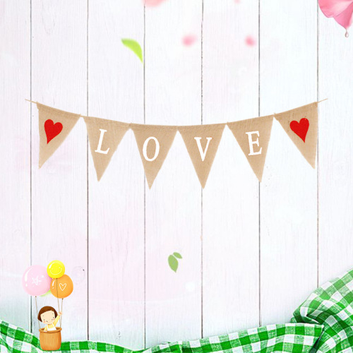 Wedding Party Decoration Garland Marriage Engagement Proposal Valentine‘s Day Red Heart Love Linen Triangle Hanging Flag