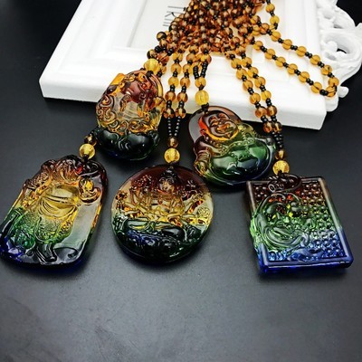 new glass color crystal necklace guan gong buddha pendant colorful stone all-match sweater chain jewelry
