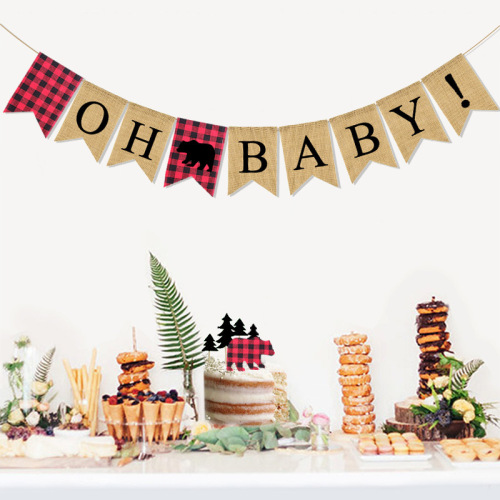 festival party supplies baby full-year birthday party decoration lumberjack bear burlap dovetail flag