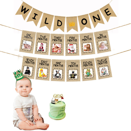 baby full-year birthday party wild one pull flower children 1 to december photo wall decorative burlap hanging flag