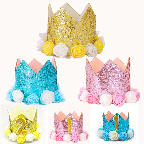 Children Full-Year Theme Decoration Baby Party Supplies Decoration Shiny Flower Cap Crown Birthday Hat