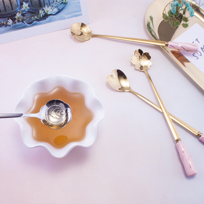 Japanese innovative rose flower scoop candy-colored ceramic handle coffee mixer scoop ice cream spoo