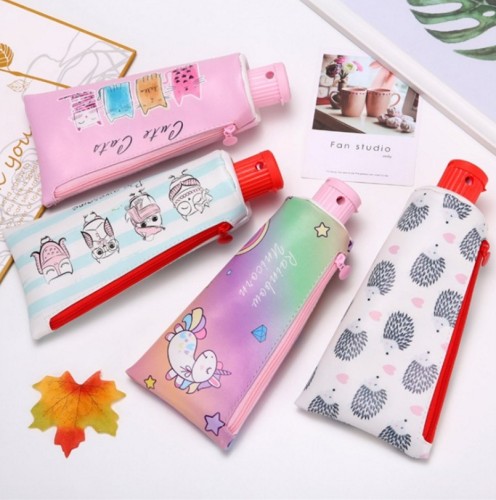 Contrast Color Pencil Case with Pencil Sharpener Toothpaste Shape Pencil Case Personality Large Capacity Stationery Storage Bag