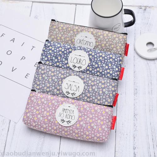 Canvas Good-looking Female High School Student Simple Junior High School Student Korean Style Fresh Floral Leather Tag Square Large Capacity Pencil Case