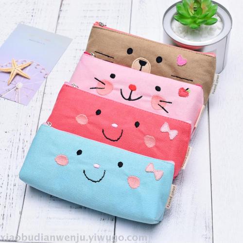 creative simple primary and secondary school students embroidered flower filling pencil case boys and girls cute animal fresh korean stationery wholesale