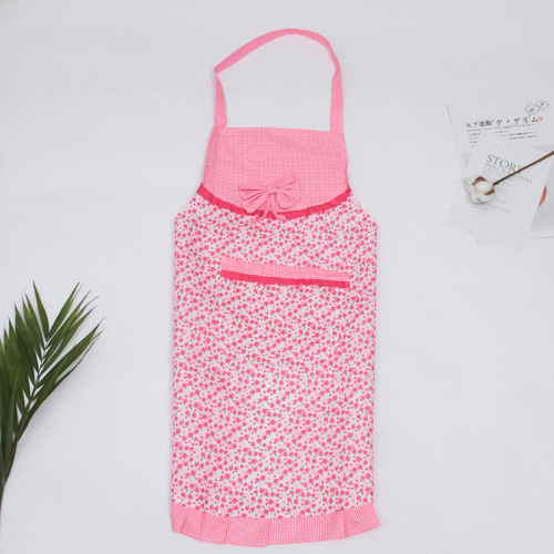 Korean Style women‘s Floral Apron with Lace Pocket Waist Bow Polyester Housework Skirt Factory Customized Wholesale 