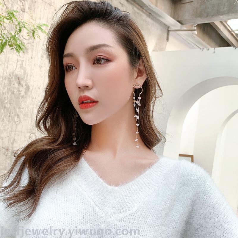 S925 Silver Needle Korean Ins Elegant Long Circle Crystal Stone Tassel Ear Studs Gentle Fairy Lady S
