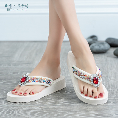 Summer New Non-Slip Comfortable Women‘s Slippers Platform Wedge High-End Gem Fashion Flip Flops Beach Shoes for Women