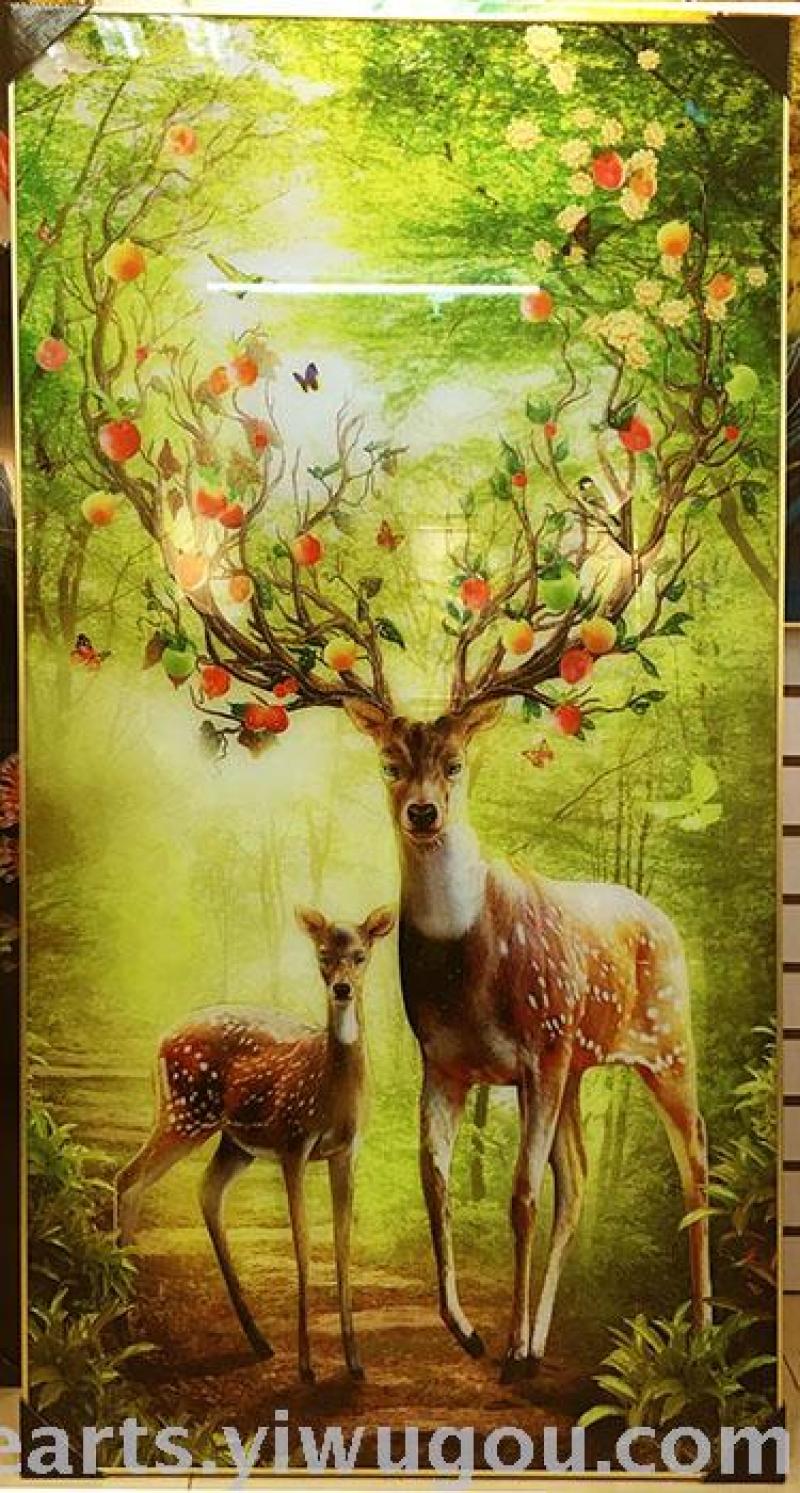 走廊装饰画 招财风水现代简约晶瓷画发财鹿壁画 金鹿生财_欧廊油画