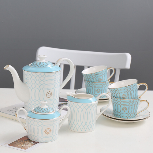 Ceramic Coffee Set Creative Bone Porcelain Teapot Cup and Saucer Blue Circle Set