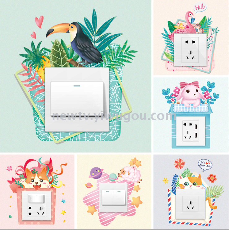 PVC small fresh plant switch stick wall stick socket decoration cover cute animal switch cover stick