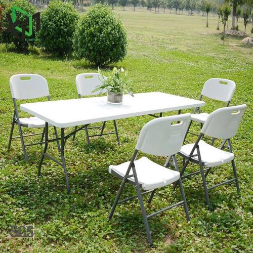 180cm Portable White Plastic Folding Table HDPE， outdoor Hollow Blow Molding Table， meeting Camping Long Table