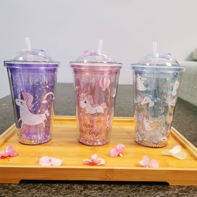 Double plastic cup milk tea with cover unicorn straw cup manufacturers wholesale stock push sheet cover stock