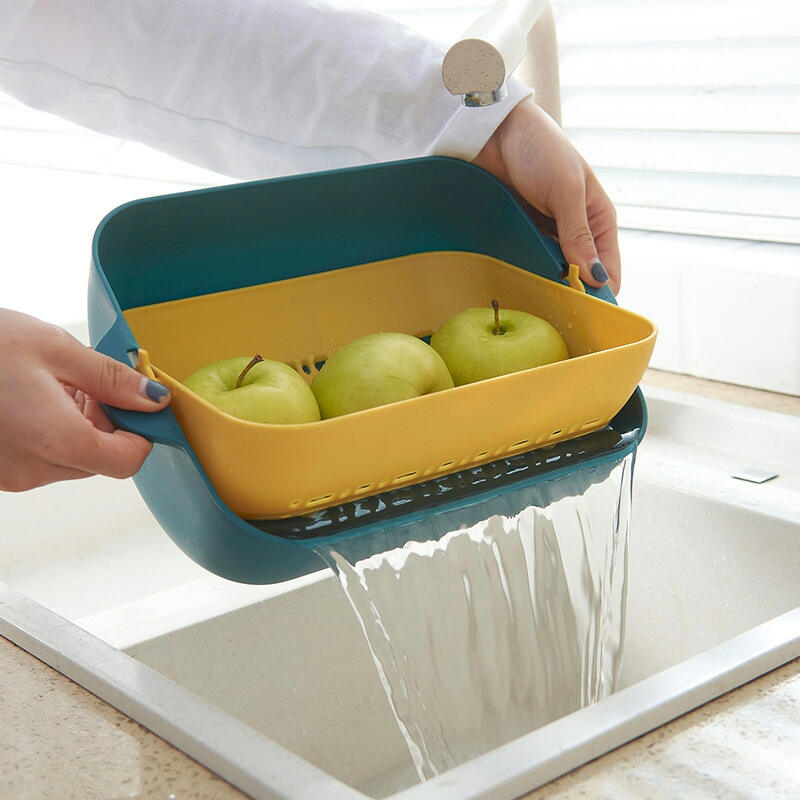 K10-2532 Nordic Double Layer Vegetable Washing Basket Plastic Dewatering Screen Basin Storage Fruit 