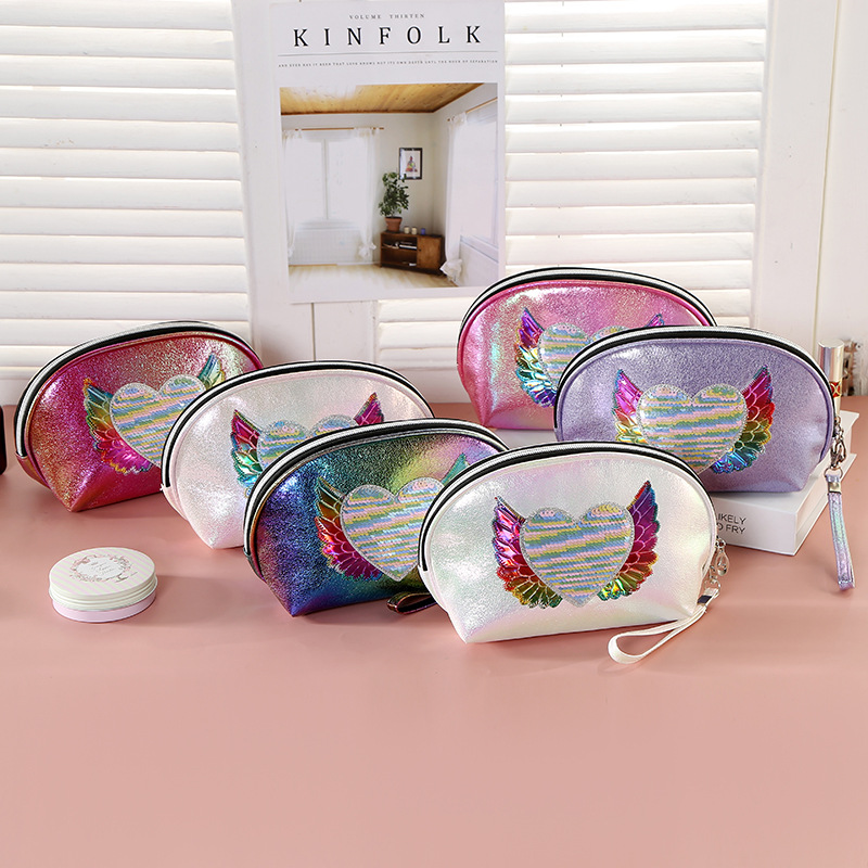 INS Sweet Girl Laser Semicircle Storage Bag Female Cosmetic Bag Angel Wings Clutch Bag Large Capacit