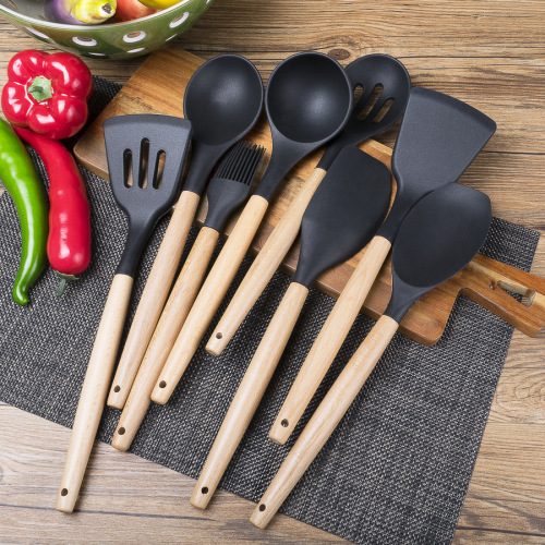 Wooden Handle Silicone Kitchenware 8-Piece Non-Stick Pan Kitchen Tools Scraper Spoon Food Silicone Cooking Set Single