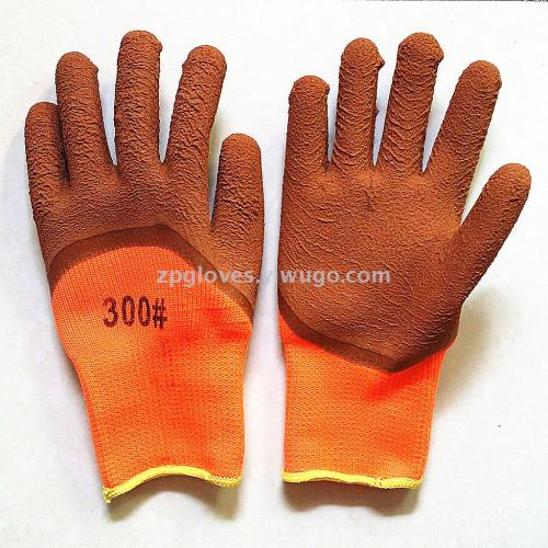 7-pin terry semi-hanging coffee foam wrinkle gloves napping warm wear-resistant anti-slip labor protection dipped gloves
