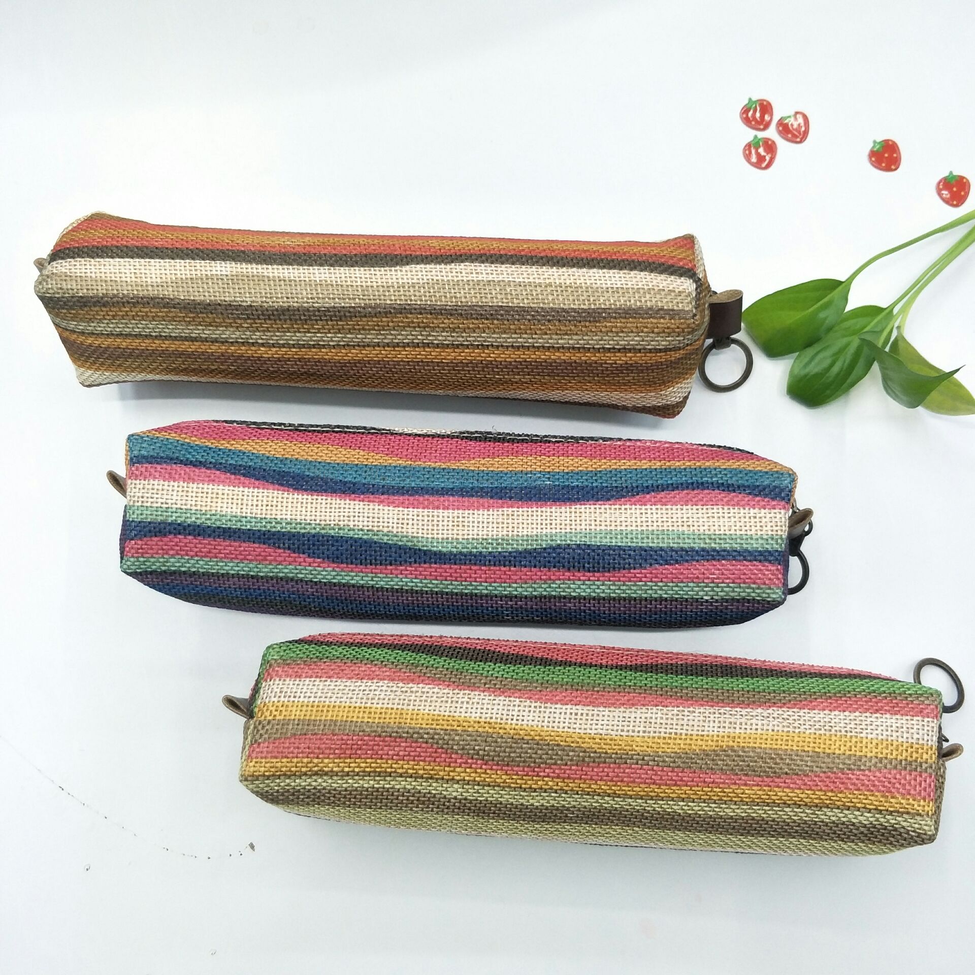 布禾初 条纹麻布方形布艺笔袋 办公学习用品收纳包 厂直销可定制