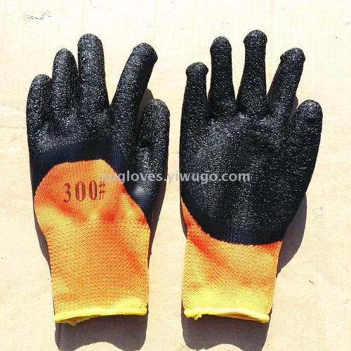 7-pin terry latex wrinkle semi-dipped wear-resistant gloves thickened warm winter labor protection gloves 300#