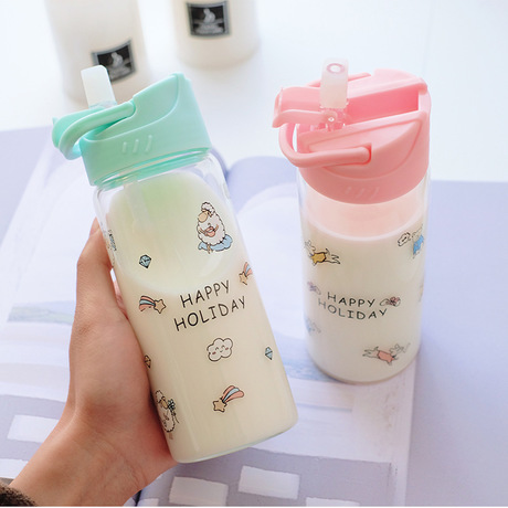 Floral Straw Glass Cup Cute Cartoon Pattern Water Cup Heat-Resistant simple Milk Tea Beverage Cup Wholesale One-Piece Delivery
