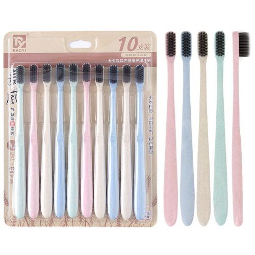 New 10 PCs Wheat Straw Bamboo Charcoal Toothbrush Small Head Adult Home Use Family Pack Ultra-Fine Soft-Bristle Toothbrush Wholesale