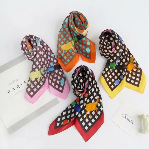 Scarf Scarf Shawl Scarf Scarf Spring New Small Silk Scarf Plaid Character Printing in Stock Foreign Trade Domestic Sales
